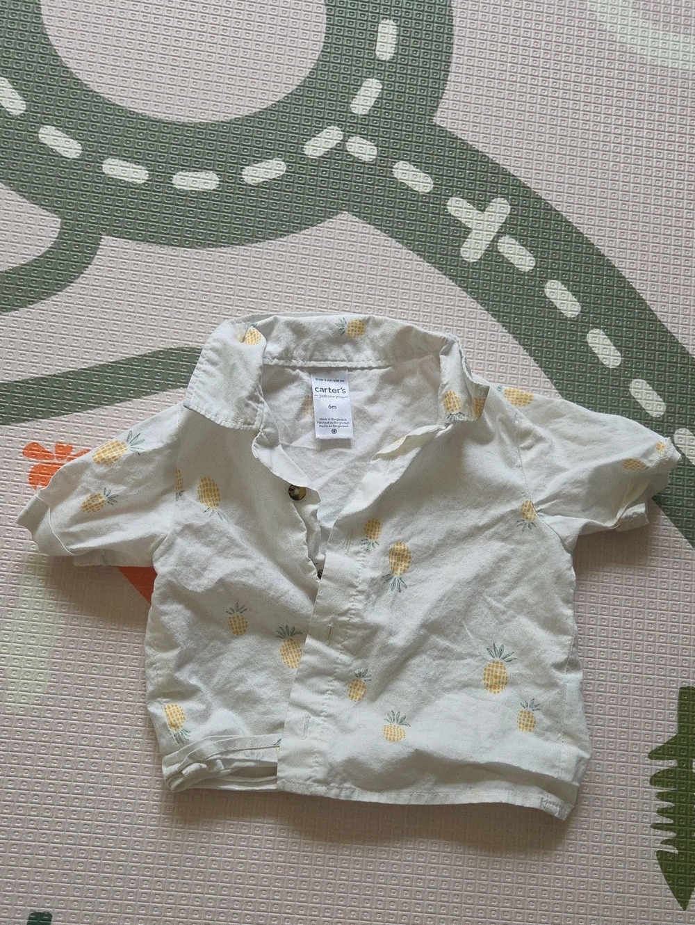 💙6M Cream Short-Sleeve Button Shirt with Yellow Pineapple Print